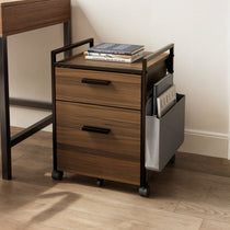 23 Rolling File Cabinet With Drawer in Rustic Brown With Books and Fabric Storage Bag, Perfect for Home Office Organization.