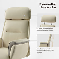 Royal Executive Office Chair With Ergonomic High Back, Beige Leather, Adjustable Headrest and Curved Back Support.