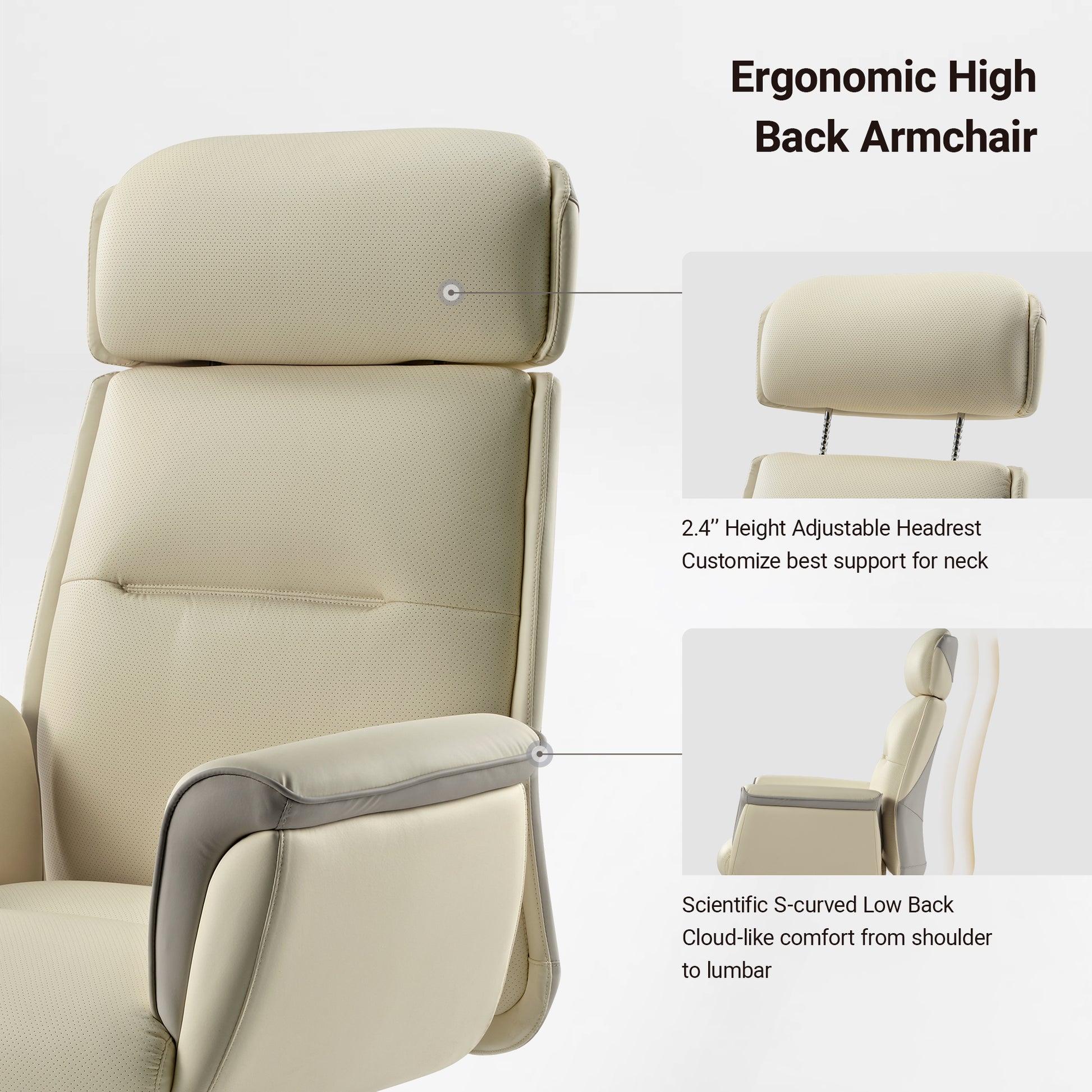 Royal Executive Office Chair With Ergonomic High Back, Beige Leather, Adjustable Headrest and Curved Back Support.