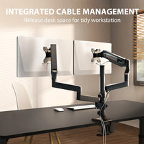 Eureka Ergonomic Dual Monitor Arm With Integrated Cable Management On Black Desk.