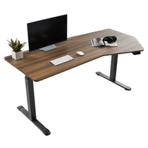 Eureka Ergonomic 70-Inch Heptagon Standing Desk With Monitor, Wood Veneer Finish and Height Adjustment Control Panel.