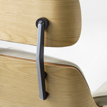 Eureka Ergonomic Close-up of Mathias light beige Napa leather executive chair headrest adjustment mechanism with wood veneer shell.
