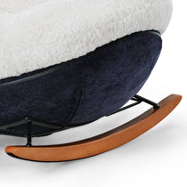 Chloe Comfy Rocking Lounge Chair Detail: Off-White Sherpa Cushion, Navy Fabric, and Wooden Base.