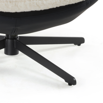 Cara Swivel Lounge Chair Detail: Black Metal Base, White Lamb Velvet and Black Leather Upholstery, Eureka Ergonomic.