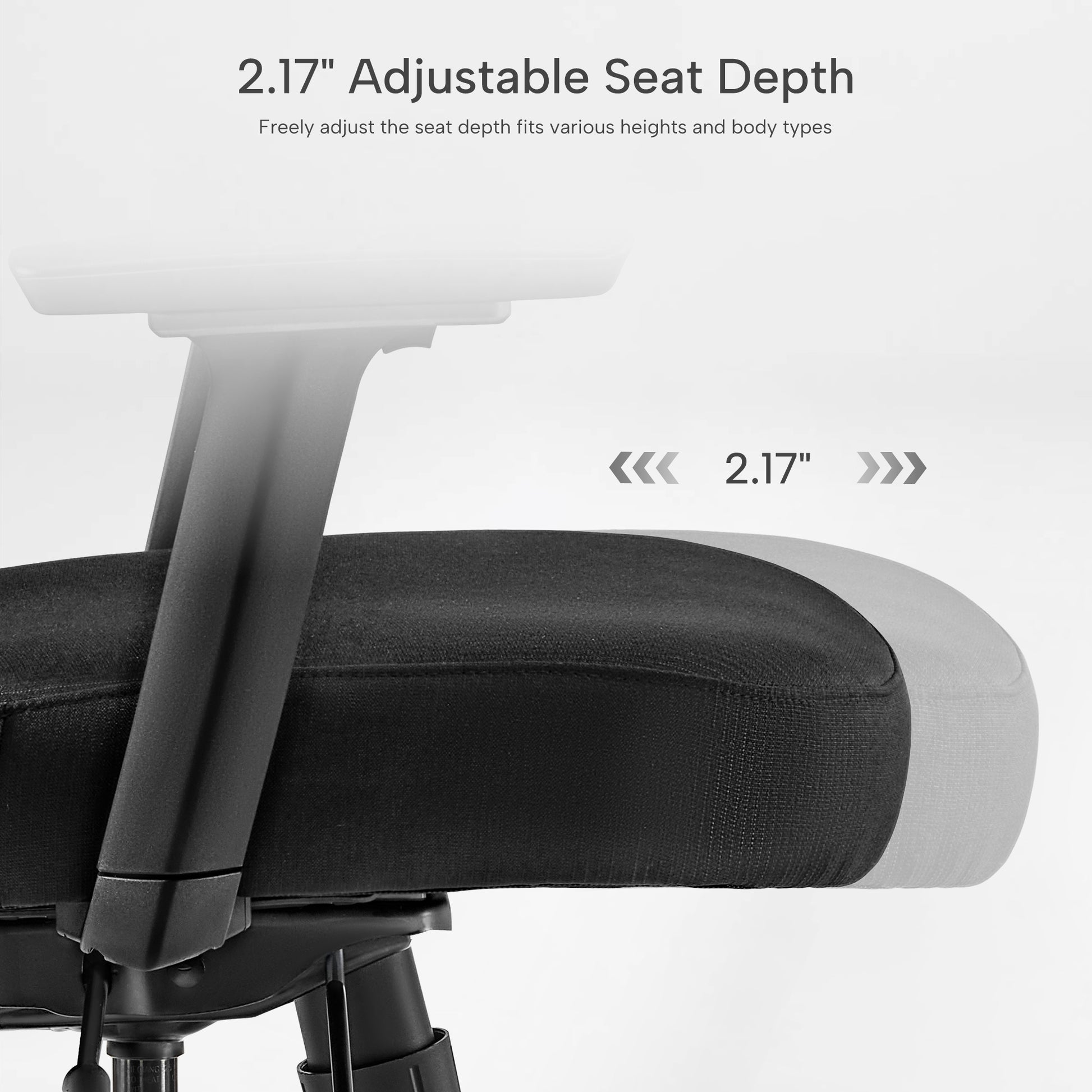 Chair with adjustable seat depth feature on a white background, green, fabric 