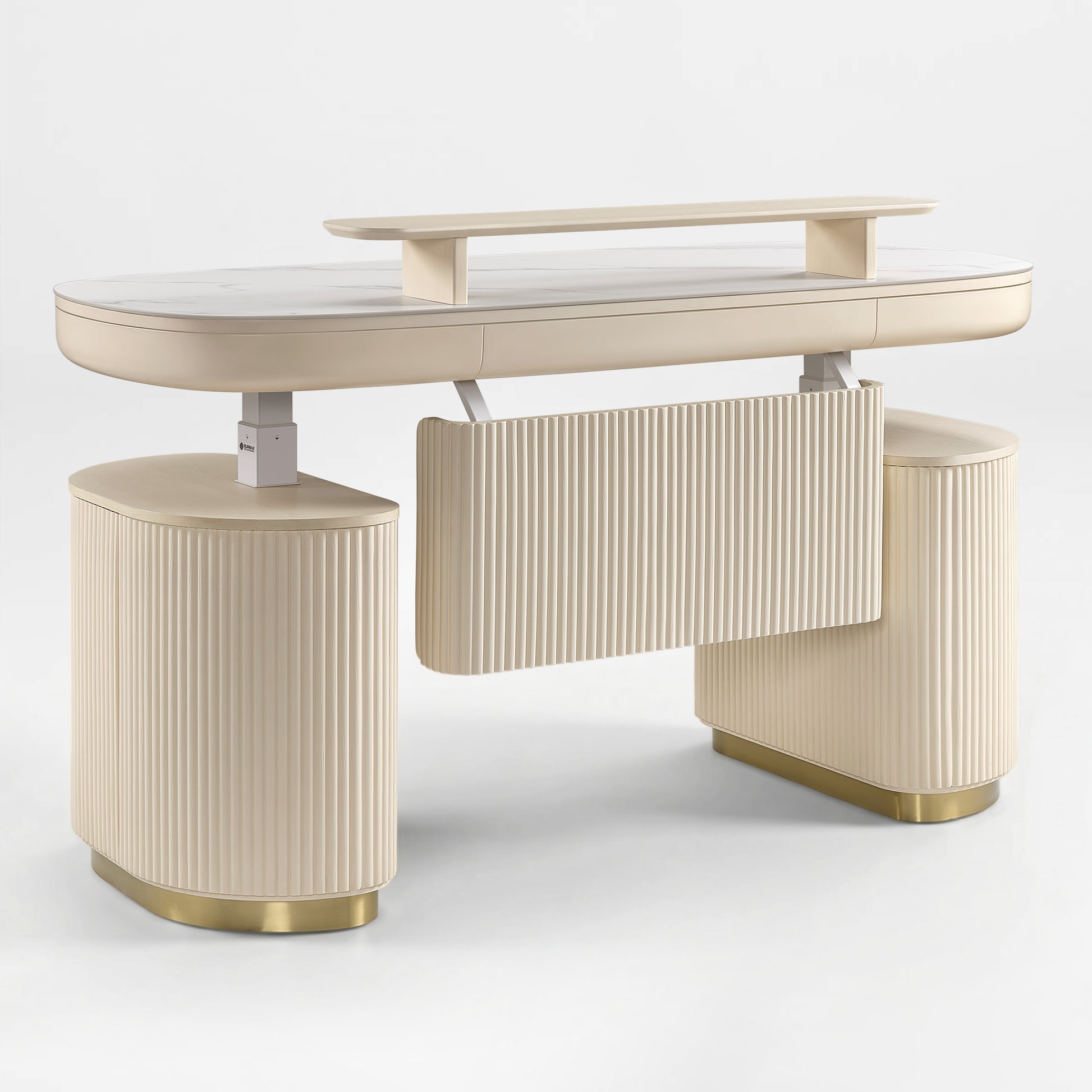 Eureka Ergonomic Opal Cream Birch Desk with Fluted Modesty Panel product showcase.