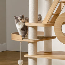 Eureka Ergonomic Fluffy grey and white cat on Babylon 76" multi-cat tree tower with natural wood, sisal posts, and woven perch.
