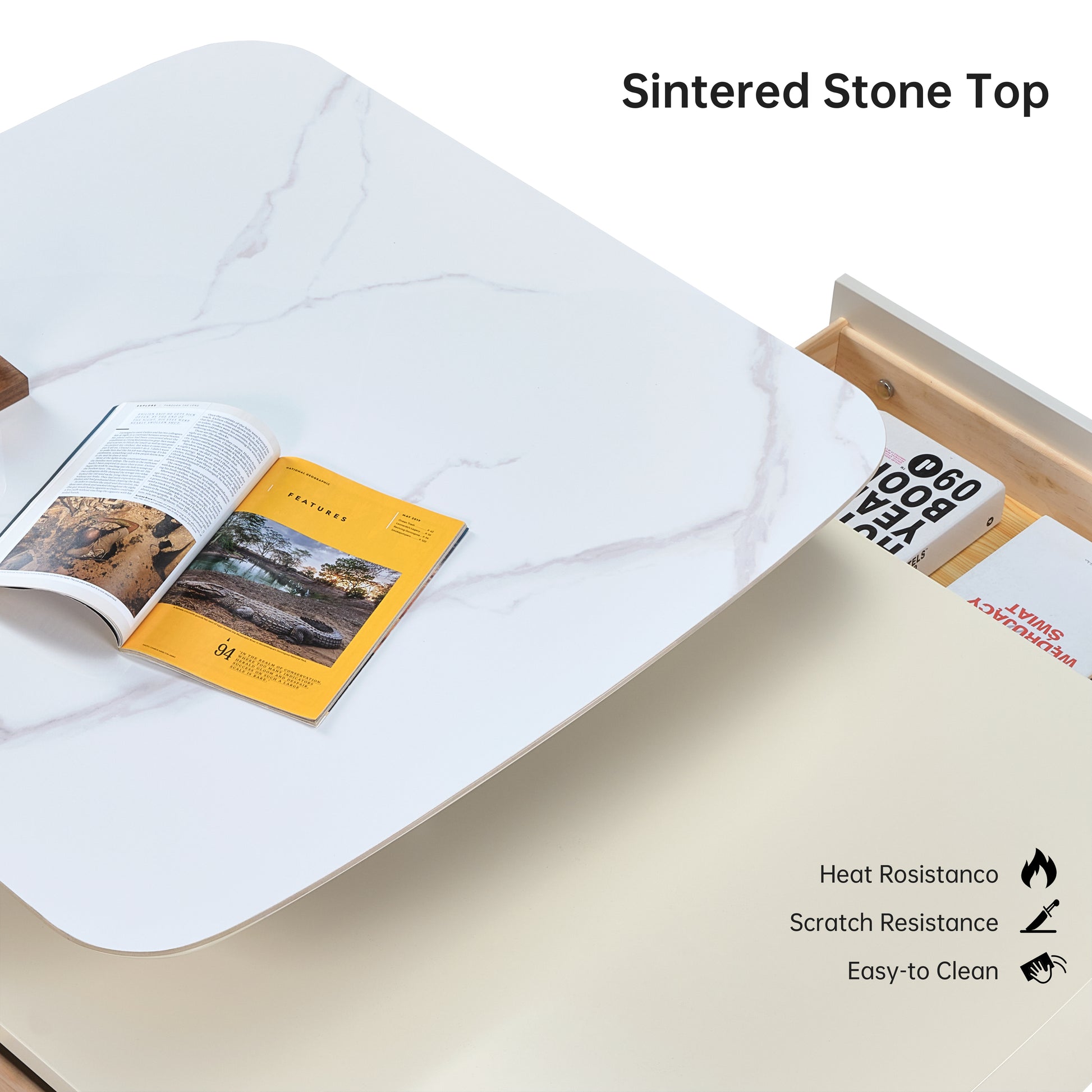 35" Rotating Coffee Table With Drawers With Piano Painting Process and Sintered Stone Top