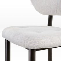 Nibbles Upholstered Dining Chair Detail, White Geometric Fabric and Dark Legs, Modern Dining Seating.