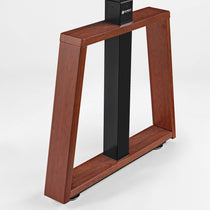 Ark Lite Standing Desk Base Detail, Brown Woodgrain Finish With Eureka Ergonomic Logo, Ergonomic Design.