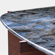 Close-Up of a Blue Jade Marble Coffee Table Top With Walnut Wood Frame, Part of the CT04 Series.
