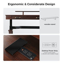 Ark Sws Pro Executive Standing Desk Showing Ergonomic Design, Dark Wood Finish, Integrated Power Strip, Wireless Charging.