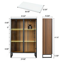 Modern Curio Cabinet With Adjustable Shelves, Led Lighting, Glass Doors, and Detailed Dimensions for Display.