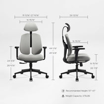 Flex Ergonomic Office Chair Dimensions, Gray Fabric, Adjustable Headrest, and Dual Backrests. Supporting Posture.