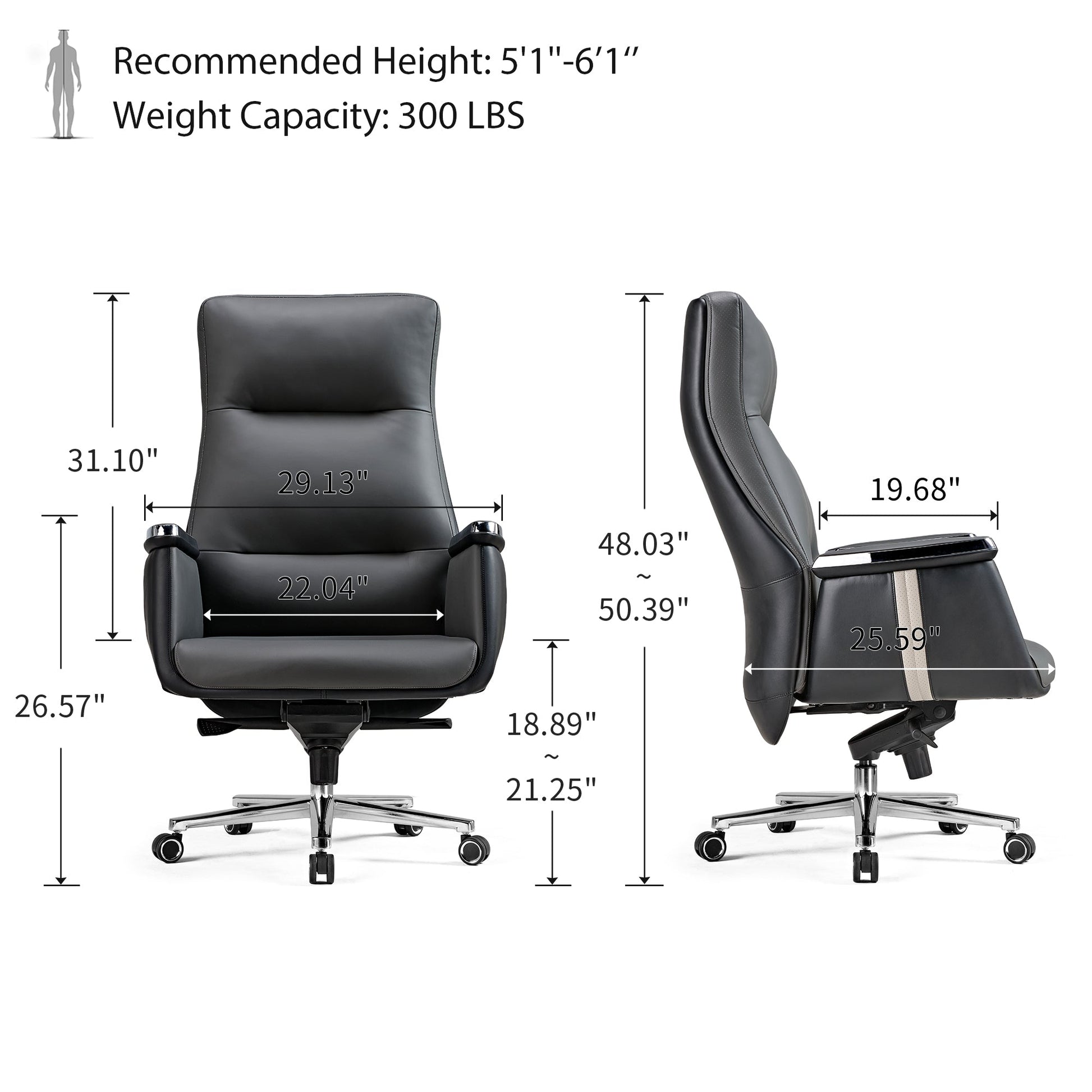 Executive Leather Office Chair, Iron Gray,  Product Dimensions