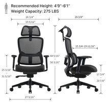 Lark Ergonomic Office Chair, Adjustable Lumbar Support, Black Mesh Back, Detailed Dimensions for Office Use.