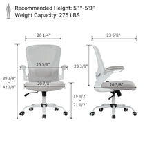 Onyx Ergonomic Office Chair Dimensions, White Frame, Gray Mesh, Adjustable Armrests, Ergonomic. Weight Capacity 275 Lbs.