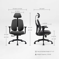 Flex Ergonomic Chair With Dimensions. Dual Backrests, Gray Fabric, Black Frame, Promoting Ergonomic Posture.