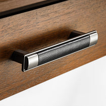 Walnut Standing Desk Drawer With Black Leather and Metal Hardware.