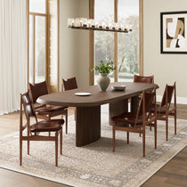 Brown Leather Dining Chairs Set Around a Solid Wood Dining Table, Mid-Century Modern Design.