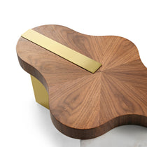 Cloud Shape Solid Wood Coffee Table Set Detail, Walnut Top With Gold Accent, Modern Design.
