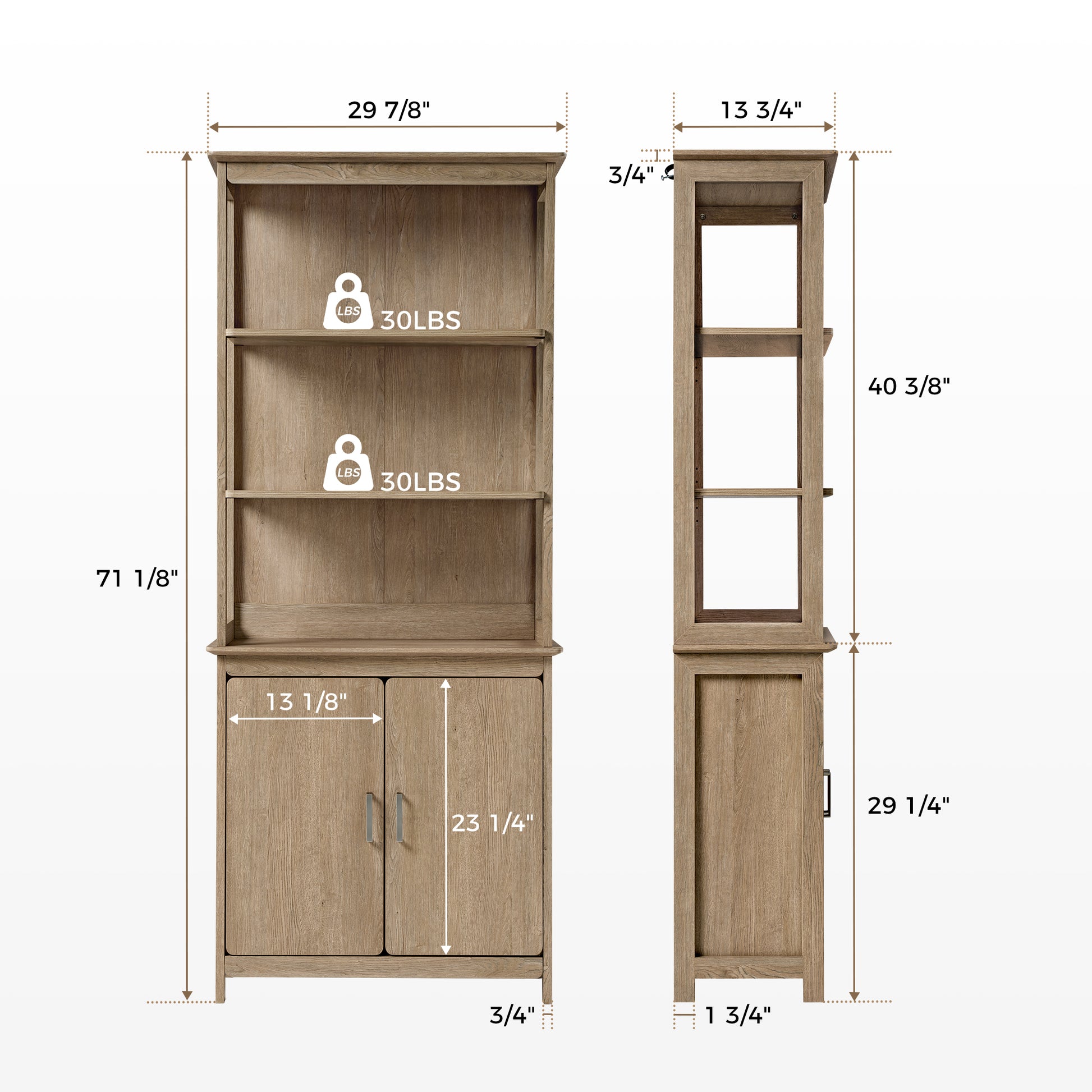 Eureka Ergonomic Ark El 71'' Oak Bookshelf With Storage Cabinet - Detailed Dimensions.