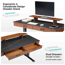 George Slate Standing Desk With Ergonomic Design, Dual Drawers, and a Modern Wooden Monitor Stand.