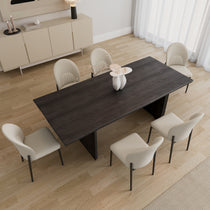 Modern Off-White Leather Dining Chairs Around Dark Wood Dining Table. Chic Minimalist Design.