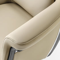 Eureka Ergonomic Light beige Royal Renee executive office chair armrest detail with microfiber leather, stitching, and carbon fiber accent.