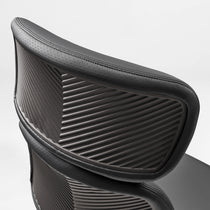 Eureka Ergonomic Black Royal Rowan executive chair headrest and ribbed backrest detail with perforated microfiber leather and stitching.