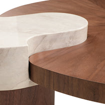 41 Irregular Round Walnut Coffee Table, Marble and Solid Wood Detail.