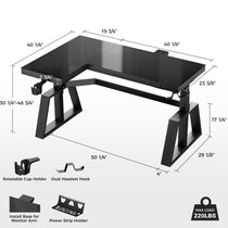 Eureka Ergonomic GTG-L60 Pro L-Shaped Black Glass Gaming Desk With Measurements and Features.