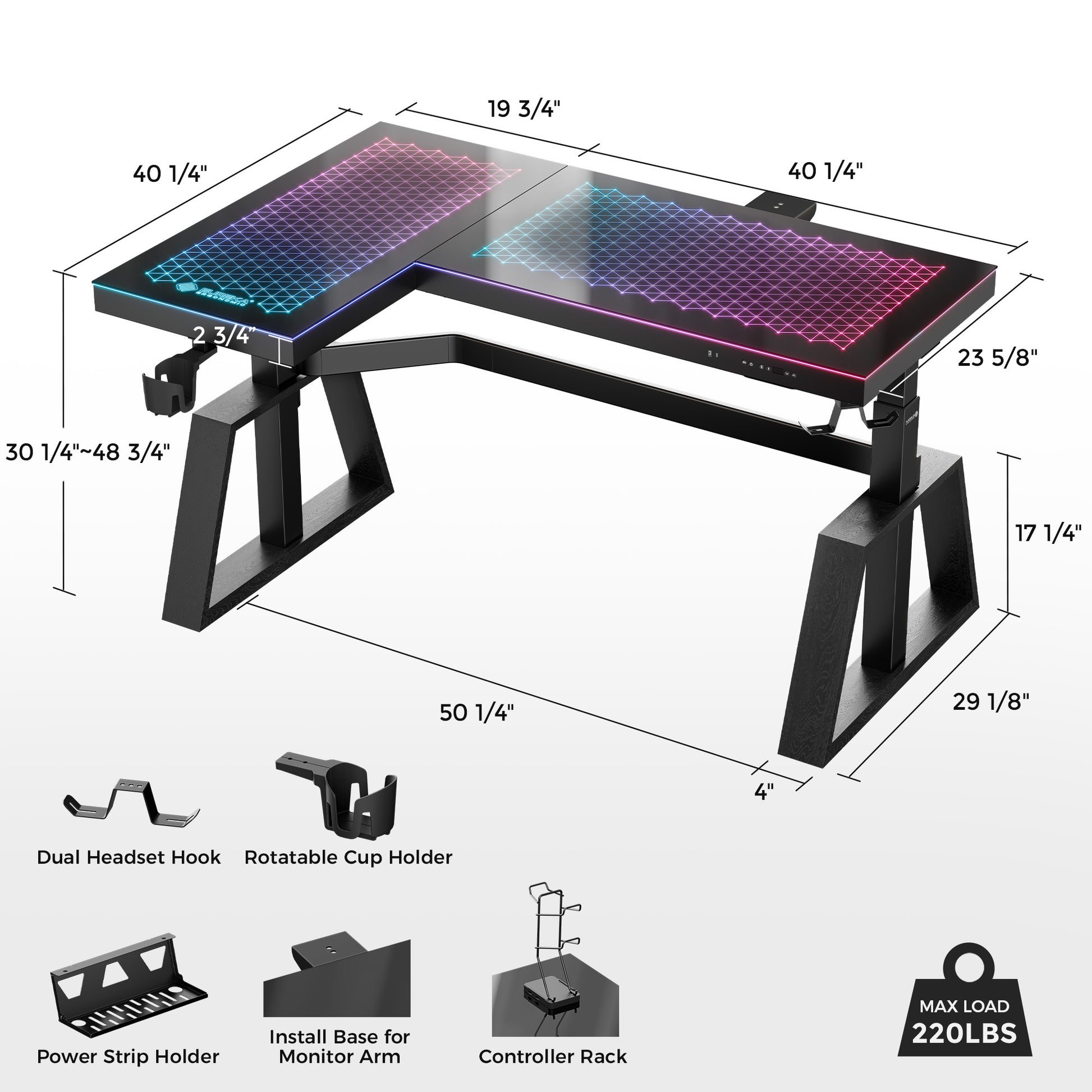 GTG-L60 PRO, L-Shaped Glass Desktop Gaming Standing Desk, Black-colored, Left Sided, RGB Light Up Gaming Desk, Glass Top, Product Dimensions