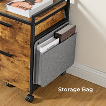 Rustic Brown Rolling File Cabinet With Storage Bag for Office Supplies and Books.