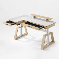 Eureka Ergonomic Ark Pro L-Shaped Standing Desk With White Sintered Stone Top, Wooden Accents, Height Adjustable Desk.