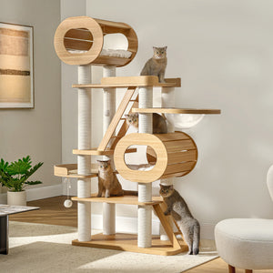 Eureka Ergonomic Babylon 76" cat tree: natural wood, sisal posts, perches, cubbies, clear dome. Four cats enjoy the multi-level tower.