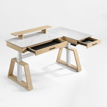 Ark Pro L-Shaped Standing Desk. White Sintered Stone, Wood Accents, Height Adjustable Desk With Monitor Setup.