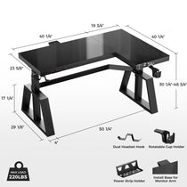 GTG-L60 Pro Black Gaming Desk With Dimensions and Features, Including Headset Hook, Cup Holder, and Monitor Arm Base.