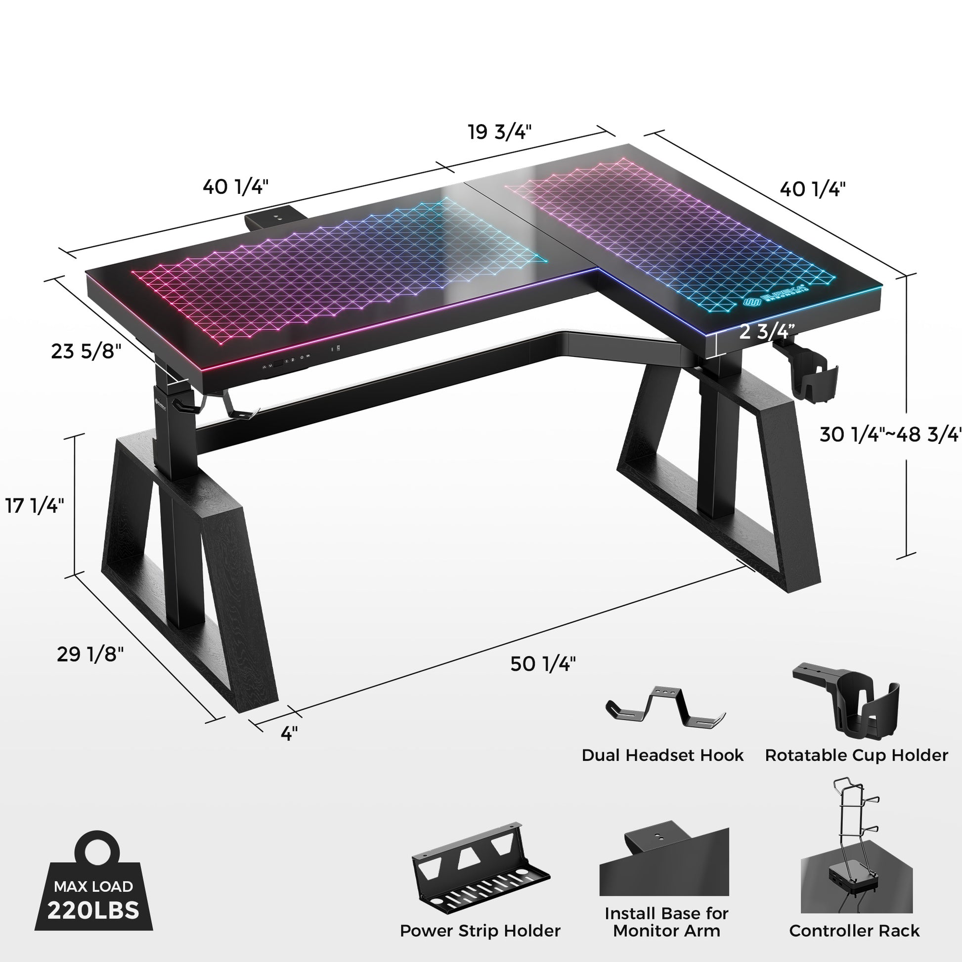 GTG-L60 PRO, L-Shaped Glass Desktop Gaming Standing Desk, Black-colored, Right Sided, RGB Light Up Gaming Desk, Glass Top, Product Dimensions
