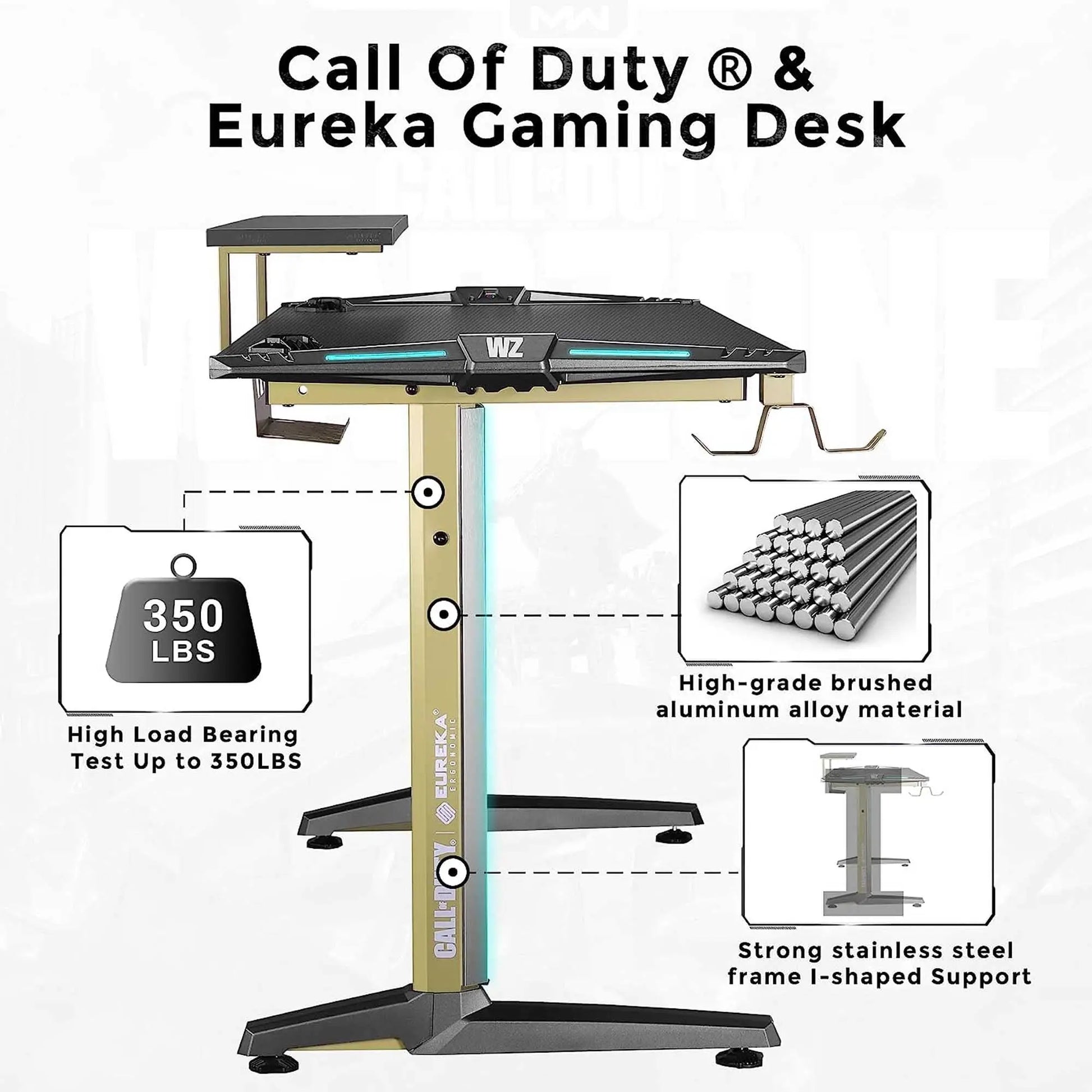 Sentry RGB gaming desk with monitor riser on white background