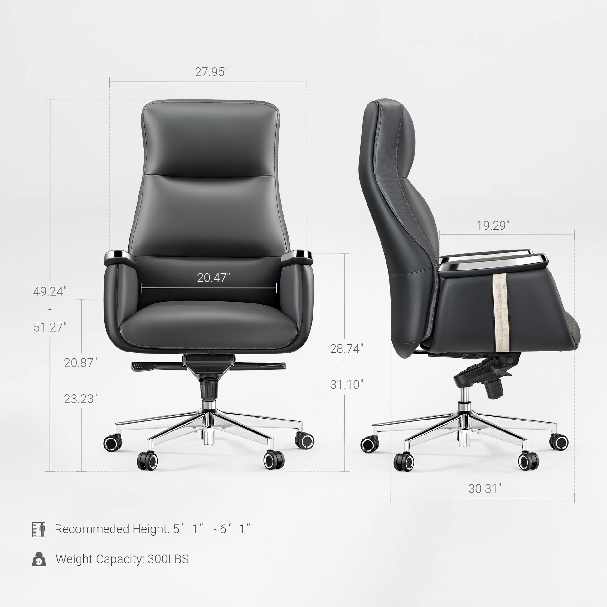 Royal II Executive Ergonomic Office Chair Dimensions in Black Leather, Ergonomic Design, and Silver Accents.