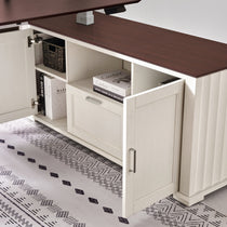 Eureka Ark Es Executive Standing Desk Cabinet Detail: Mahogany Veneer Top, Cream Cabinet, Storage, and Books.