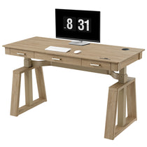 Ark El Executive Standing Desk With Oak Veneer Tabletop, Modern Home Office Setup. Displaying 8: 31 Pm On the Monitor.