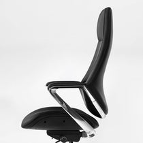 Eureka Ergonomic Nox black genuine leather executive chair side profile with chrome armrests and high back.