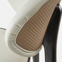 Off-White Leather Dining Chair Detail With Woven Back, Modern Cedar Design.