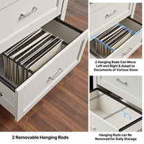 Ark Es 29 White File Cabinet With Open Drawers, Showcasing Hanging File Storage Solutions and Adaptable Rods.