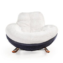 Chloe Comfy Rocking Lounge Chair in Off White Sherpa and Navy, Wooden Rocking Base.