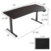 Eureka Ergonomic 70-Inch Heptagon Standing Desk With Dimensions, Black Wood Veneer, and Modern Design for Home Office.