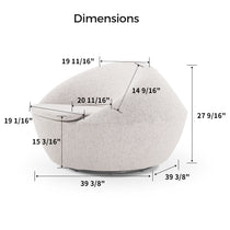Stella Swivel Lounge Chair Dimensions Diagram, Light Gray Fabric and Measurements.