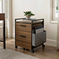 Rolling File Cabinet With Drawer, Rustic Brown Wood, Metal Frame, and Fabric Storage Bag for Home Office.